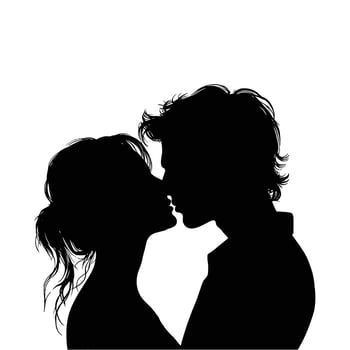A silhouette vector of a kissing couple on a white background.