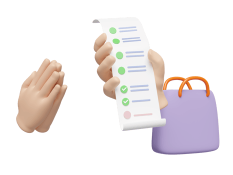 3d hand holding bill receipt paper with shopping bag, pay respects and thank you isolated. invoice, electronic bill concept, 3d render illustration png