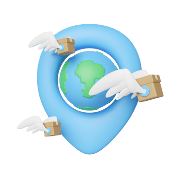 3d goods cardboard box with wing, world, pin isolated. Online shopping, express delivery, worldwide shipping concept, 3d illustration render png