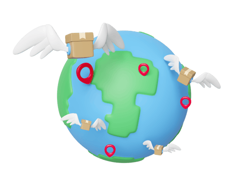 3d goods cardboard box with wing, world, pin isolated. Online shopping, express delivery, worldwide shipping concept, 3d illustration render png