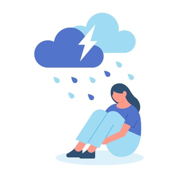 Sad depressed woman sitting, Psychological problems. Mental health, People under depression, Stress feeling lonely and unhappy vector illustration.