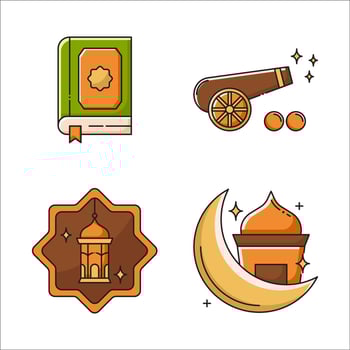 Ramadan Icon Set Style Line Color Objects Al quran, Cannon, lantren and mosquet. vector