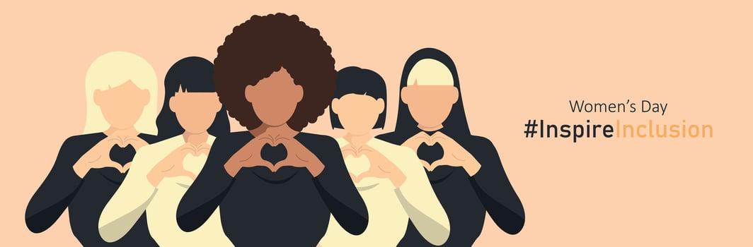 InspireInclusion concept poster. International Women's Day 2024 banner. Vector illustration.