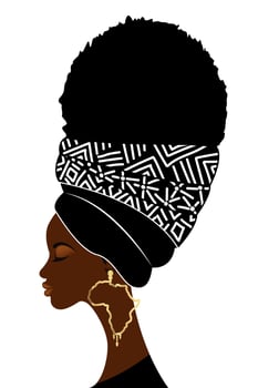 Portrait african woman with traditional head turban for Afro Curly hair. Africa luxury gold earrings. Typical headscarf. Beauty ethnic fashion design. Vector illustration isolated on white background