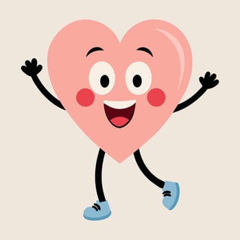 Groovy cartoon happy heart character. Romantic flat style illustration, feelings of love. Cute smiling pink heart vector