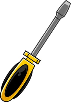 Cartoon Yellow Screwdriver. Vector Hand Drawn Illustration Isolated On Transparent Background