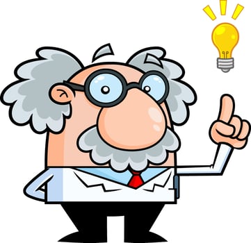 Funny Science Professor Cartoon Character With A Bright Idea. Vector Hand Drawn Illustration