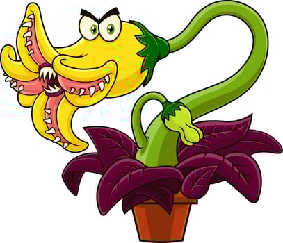 Angry Evil Carnivorous Plant Cartoon Character. Vector Hand Drawn Illustration Isolated On Transparent Background