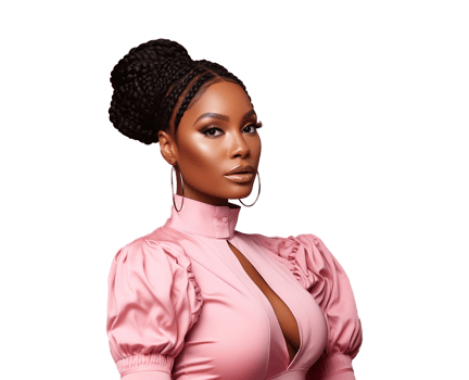 AI generated Black woman with braid hair wearing a shiny, pink, long sleeved top, Transparent Background png