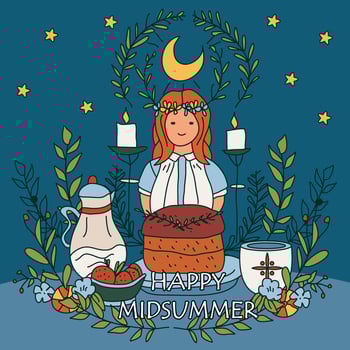 Midsummer holiday banner. Beautiful girl with floral wreath and text Happy Midsummer. Vector illustration.