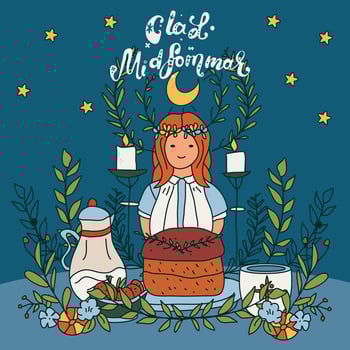 Midsummer holiday banner. Beautiful girl with floral wreath and text Glad Midsommar. Vector illustration.