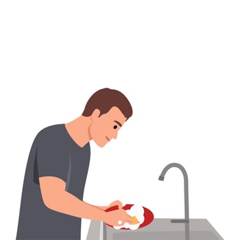 Washing dishes and housework concept. Young smiling man cartoon character standing washing dishes. vector