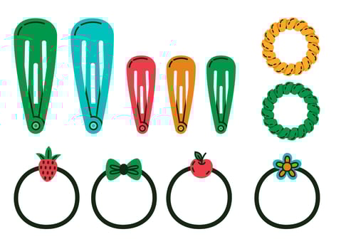 Cartoon hair accessories. Hand drawn female hair scrunchies, hair ties, bobby pins and elastic bands flat vector illustration collection