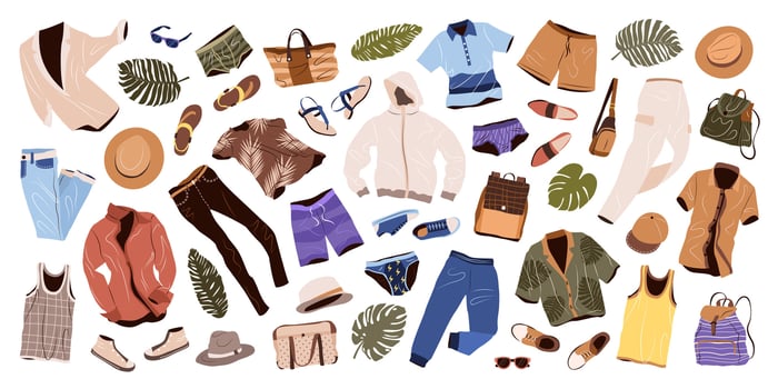 Clothes set in casual style for men. Fashion trendy clothing, accessories, underwear, shoes, hats for spring, summer and vacation. isolated flat vector illustrations on white background.