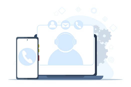 customer support department staff concept. Office operator with headset talking to client. Customer service, call center, hotline, character vector illustration. Cartoon minimal style.