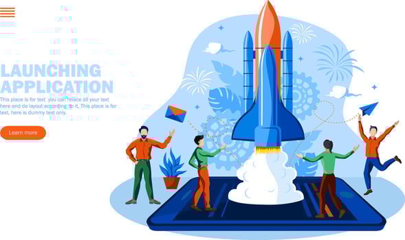 start up team work concept. app, application launch  vector illustration