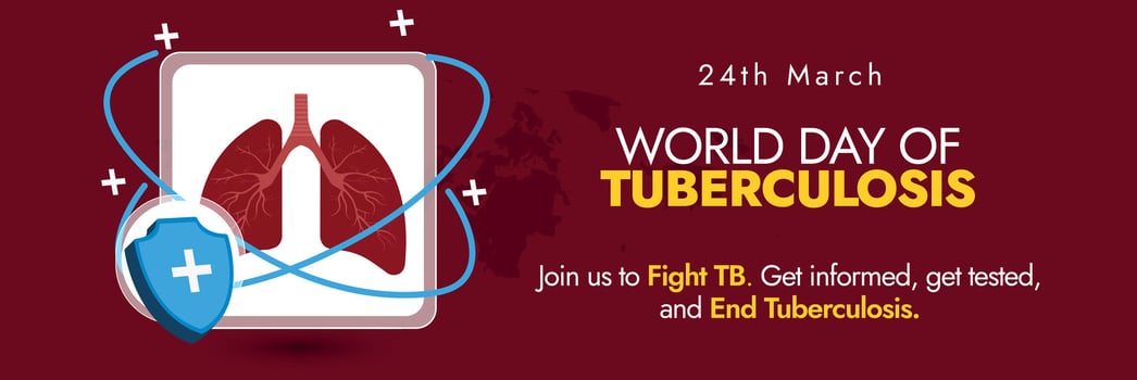 World Tuberculosis day. March 24th, World Tb day awareness, celebration cover banner in dark maroon colour with closeup of lungs and a safety shield protecting them. Awareness of Tuberculosis spread. vector