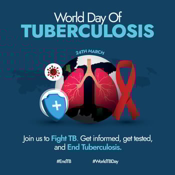 World Tuberculosis day. March 24th, World Tb day awareness, celebration banner in dark blue colour with earth globe, red ribbon, pair of lungs, protection shield. Awareness of Tuberculosis spread. vector