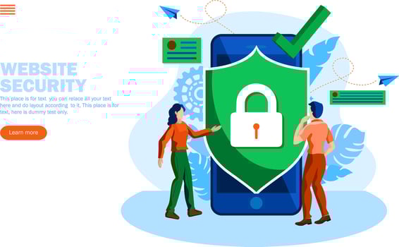 people discussing online web security with shield and lock vector illustration
