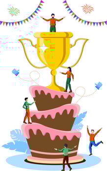 team celebrating success with cake vector illustration concept