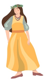 Pretty woman full-length figure in cottage core aesthetic. Girl in a summer dress and wreath of wildflowers. Simple vector illustration. Isolated single clipart for decor, sticker, design, card, print