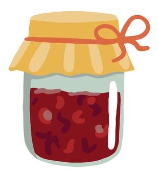Homemade raspberry or cherry jam. Doodle of home cooking. Hand drawn vector illustration of cottagecore aesthetic. Simple drawing isolated on white. Clipart for decor, sticker, design, card, print.