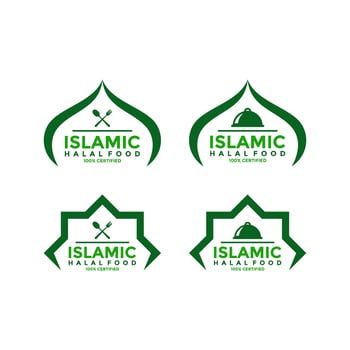 Set of halal food products labels, badges and logo design. Vector Halal sign certificate tag.