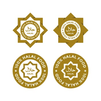 Set of halal food products labels, badges and logo design. Vector Halal sign certificate tag.