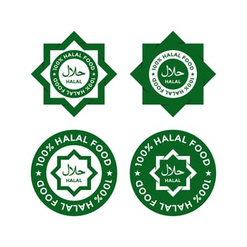 Set of halal food products labels, badges and logo design. Vector Halal sign certificate tag.