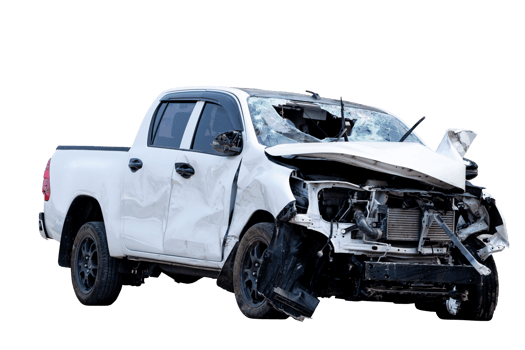 Car crash, Front and Side view of white pickup car get hard damaged by accident on the road. damaged cars after collision. isolated on transparent background, PNG File