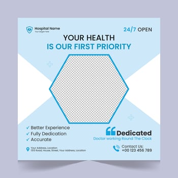 Medical healthcare social media post template design, medical social media post design template, promotional medical square web banner for hospital, medical post design template for clinic vector