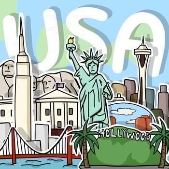 Cute line drawings of United States landmarks Tourist attraction posters. vector