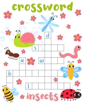 Crossword puzzle game of insects. Printable worksheet with solution for school and preschool. Vector cartoon Illustration for children.
