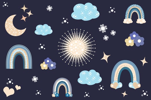 Baby boho set. Cute bohemian rug, tapestry, poster. Cartoon rainbow, sun, stars, moon, flowers, snowflakes, clouds. vector