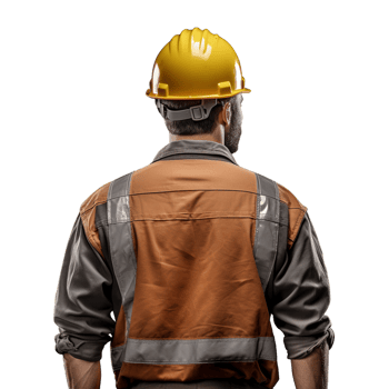 AI generated Back view male construction worker arms crossed wearing protective clothes helmet isolated png