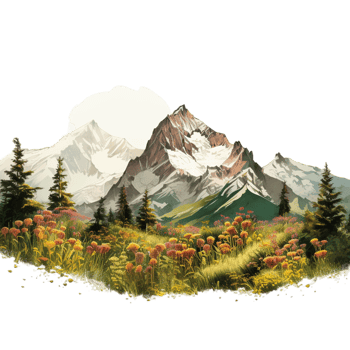 AI generated A drawing of a mountain with a valley and flowers in the foreground png