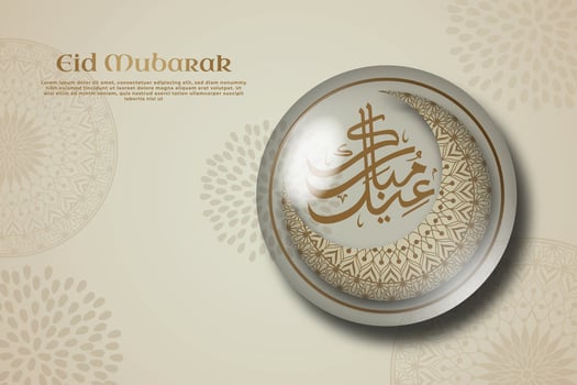 A background eid mubarak with calligraphy and half glass globe on a beige background. vector