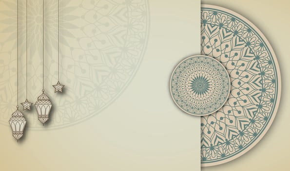 Islamic poster paper cut effect with mandala and lantern on a beige background. vector