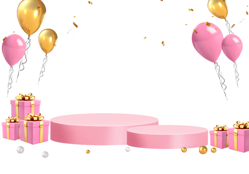 3D Rendering Women's Day Podium Stage For Product Placement With Pink Golden Gifts And Balloons png