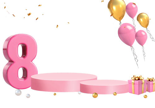 3D Rendering Women's Day Podium Stage For Product Placement With Pink Golden Gifts, Balloons And Number Eight png
