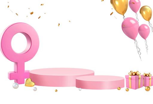 3D Rendering Women's Day Podium Stage For Product Placement With Pink Golden Gifts, Balloons And Female Symbol png