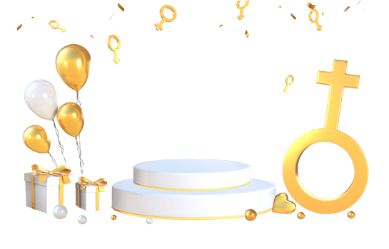 3D Rendering Women's Day Podium Stage For Product Placement With White Golden Gifts, Balloons And Female Symbol png