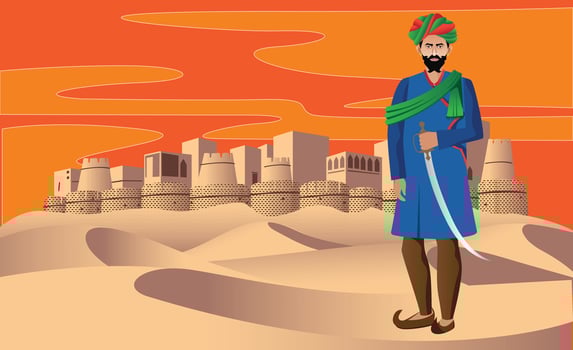rajasthani royal man standing in front of fort vector