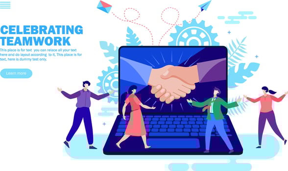 hands joining in computer with people celebrating teamwork, shake hand, congratulation vector