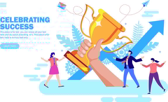 team with winning trophy in hand with growth arrow, celebration of teamwork, vector