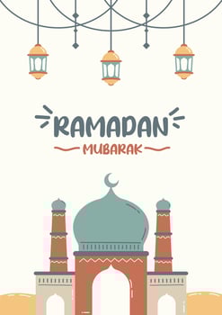 Happy ramadan mubarak template for covers, social media, cards, and others. Playful design with cartoonist mosque illustration and fun typography. vector