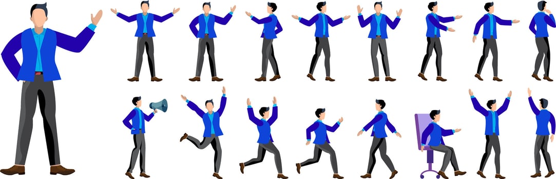 Set of young male businessman character in different poses. Flat illustration vector