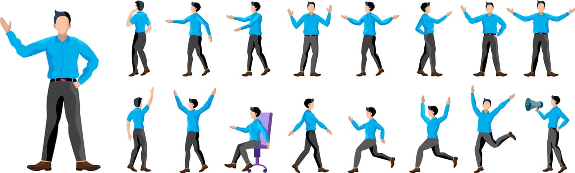 Set of young male businessman character in different poses. Flat illustration vector