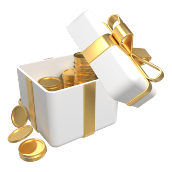 3D open gift box with golden coins and ribbon. Money prize reward. Earn point and get rewards. 3D rendering png