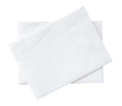 Top view of two folded pieces of white tissue paper or napkin in stack isolated with clipping path in png file format